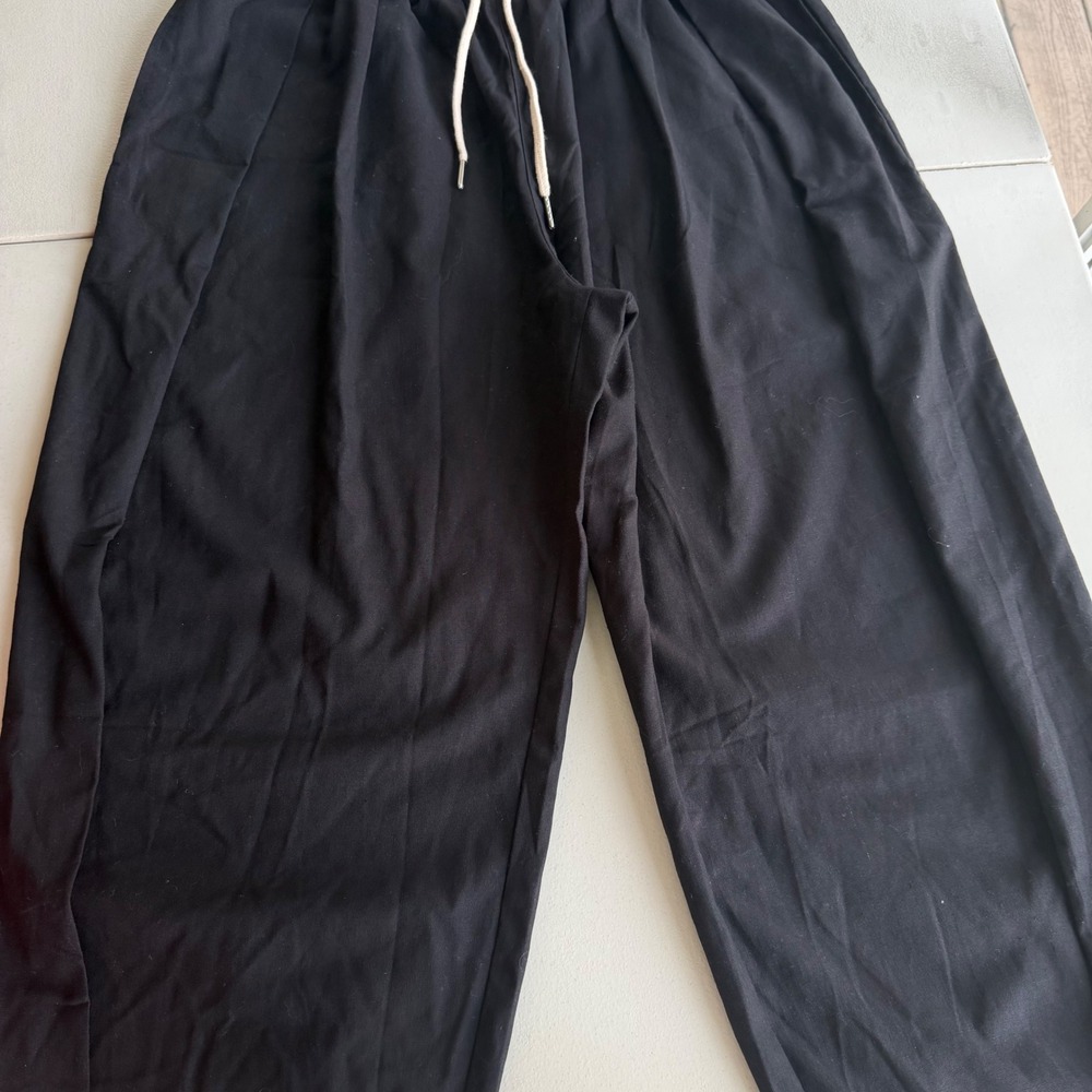 COOFANDY Women M Black Cotton Rayon Wide Leg Drawstring Cropped Pants Boho Beach - Picture 8 of 12